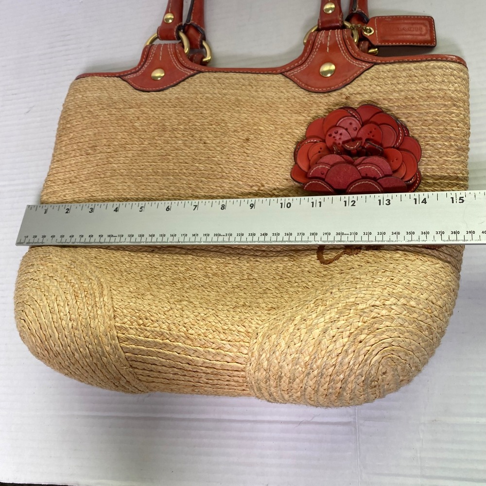 Coach Straw Leather Flower Tote Bag Beige Orange Summer Woven Beach Coastal Boho - Picture 11 of 15